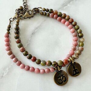 Set of 2 Yoga Bracelets Beaded Gemstone Bracelets Rhodonite and Unakite Om Charm